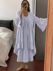 Livesso 2件組女款長版開襟外套與連身睡裙套裝，荷葉邊飾邊，春夏睡衣套裝 - 淺藍色 - 查看 4