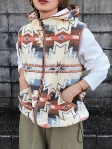 FRIFUL 女款秋冬休閒幾何印花連帽背心外套 - 彩色 - 查看 2