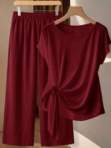 SHEIN Clasi 女款夏季綁帶上衣與百搭寬腿褲套裝 - 紅色 - 查看 1