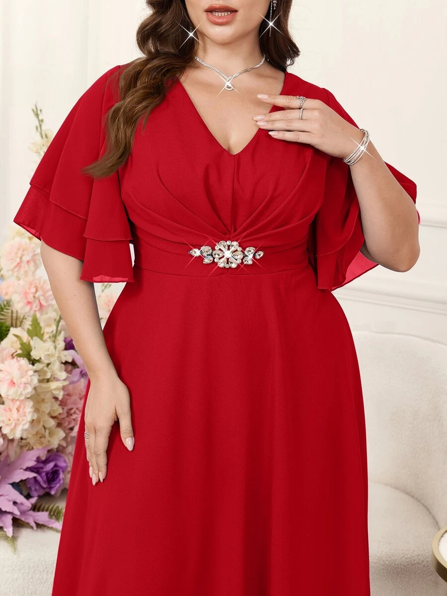 Reflora Plus Size Women's V-Neck Ruffle Short Sleeve Waist Rhinestone Decor Elegant Dress - Red - View 1