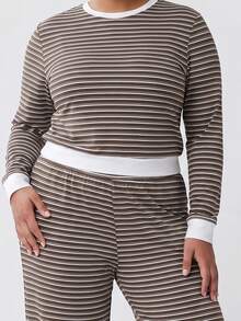 Solavibe Striped Two Piece Set, Plus Size Brown Crop Top & Flare Pants For Travel Hangout,Campus,Urban Stroll,Two Piece Set,Casual Sets,Back To School - Brown - View 8