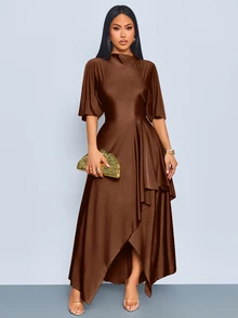 SOLERSUN Women's Summer Autumn Fashion Elegant Sage Green Draped Neck Long Dress With Ruffle Short Sleeves, Cinched Waist And Asymmetrical Ruffle Hem, Suitable For Daily Wear, Dating And Party - Coffee Brown - View 4