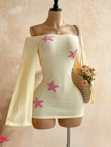 Soleia Women's Yellow Off-Shoulder Long Sleeve Knit Dress For Autumn/Winter Vacation - Yellow - View 6