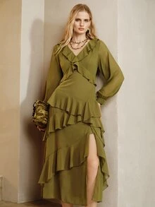 Arave Dress A-Line Maxi Chiffon V-Neck Ruffle Layered Pleated High Slit Sheer Long Sleeve Elegant Romantic Boho Olive Green Solid Holiday Date Party Autumn - Green - View 7
