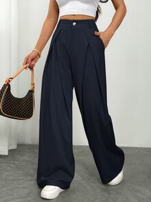 Vivamere Setelan Wanita Celana Panjang Kaki Lebar dengan Detail Lipit - Navy Blue - View 4