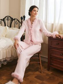 Côtesoire Women's Shiny Velvet Striped Long Sleeve Pants Pajama Set - Dusty Pink - View 3