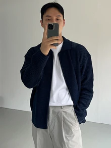 DAZY Áo cardigan len dệt vân cổ bẻ phong cách Hàn Quốc cho nam, thời trang công sở xuân/thu - Màu xanh hải quân - Xem 7