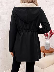 SHEIN Clasi 女款純色保暖內裡休閒百搭日常穿著連帽外套 - 黑色 - 查看 2