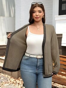 SHEIN LUNE Plus Size Fashion Minimalist Striped Colorblock Pocket Knit Cardigan - Khaki - View 10