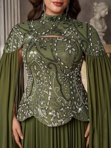 Aureia Plus Size Elegant Luxurious Olive Green Sequin Embroidered Patchwork Chiffon Two Pieces Style Pleated A-Line Evening Gown, Suitable For Dinner Party, Date, Ball, Vacation, Wedding, Event, Heavy Work Evening Dress, Guest Dress - Green - View 2