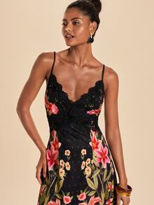 Travachic Women's Floral Print Lace Patchwork Spaghetti Strap Vacation Dress - Multicolor - View 1