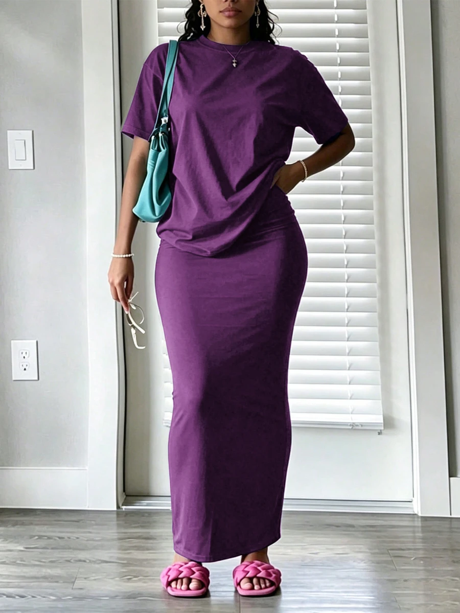 INAWLY Solva Women's Solid Color Short Sleeve Top And Skirt Casual Daily 2 Pieces Set - Purple - View 1
