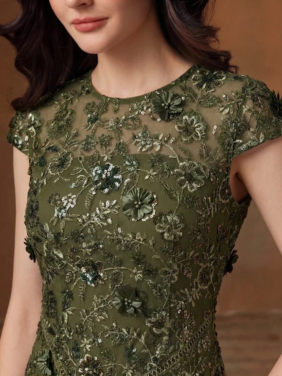 Elegante vestido de fiesta verde con apliques 3D y lentejuelas, cuello redondo, manga corta, Body con apliques 3D, vestido de noche formal de largo medio