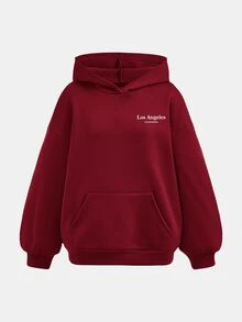 SHEIN Girlism 青少年女孩紅色休閒連帽衛衣，秋冬款，附口袋，十字設計，百搭長袖套頭衫，英文標語灰色 - 酒紅色 - 查看 5