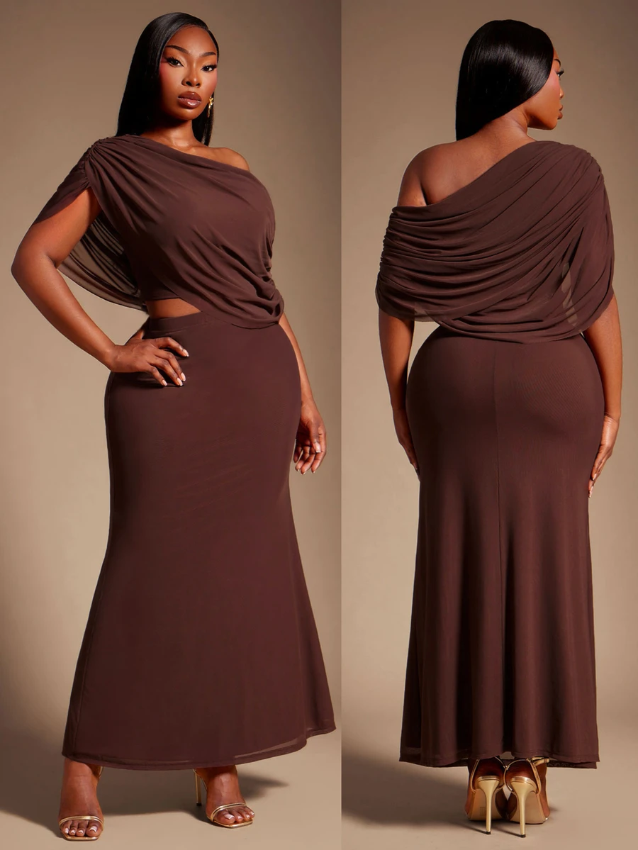 Radiana Plus Size Women's Spring/Summer Fashion Elegant Long Dress, Asymmetrical Drape One-Shoulder Design, Combining Goddess Style And Greek-Inspired Pleated Details - Brown - View 1