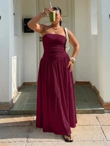 Muchica Plus Size Women Solid Color Pleated Casual Party Strapless Dress - Burgundy - View 4