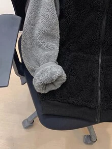 SHEIN 兒童青少年男孩開學休閒連帽對比色保暖內裡厚實梭織黑色秋冬外套，適合學校、花園、生日 - 彩色 - 查看 4
