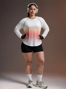Powerista Women's Plus Size Pink Gradient Print Long Sleeve Sports T-Shirt Fall - Red and White - View 3