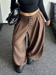 POPSWAY Plus Size Fashion Commuter Solid Color Wide Leg Pants Fall - Brown - View 5