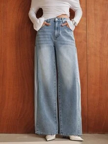 Anewsta Celana Jeans Lurus Biru Chiffon Patchwork Desain Fashion Baru - Biru - View 6