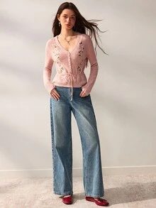 Willow Rêve Women's Dusty Pink V-Neck Cardigan Sweater With Floral Embroidery, Button Front, Drawstring Waist And Long Sleeves, Romantic Cottagecore Autumn Style - Pink - View 3