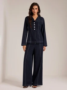 SHEIN Tall Women's Single-Breasted Long Sleeve Blazer And Pants Suit Set - Navy Blue - View 7
