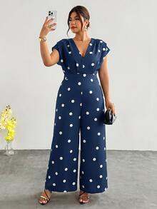 Firerie Plus Size Women Polka Dot Print V-Neck Wide Leg Jumpsuit - Navy Blue - View 6