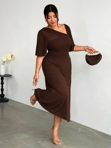 Firerie Plus Size Asymmetrical Neckline Pleated Dress - Brown - View 6