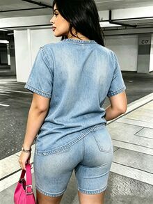 Maweii 2件組大尺碼女款街頭時尚破洞短袖圓領上衣與短褲套裝 - 彩色 - 查看 2