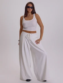 MUSERA Plus Size White Drawstring Pintuck Trouser Pants Winter Fall Womens Outfit Casual - Beige - View 1