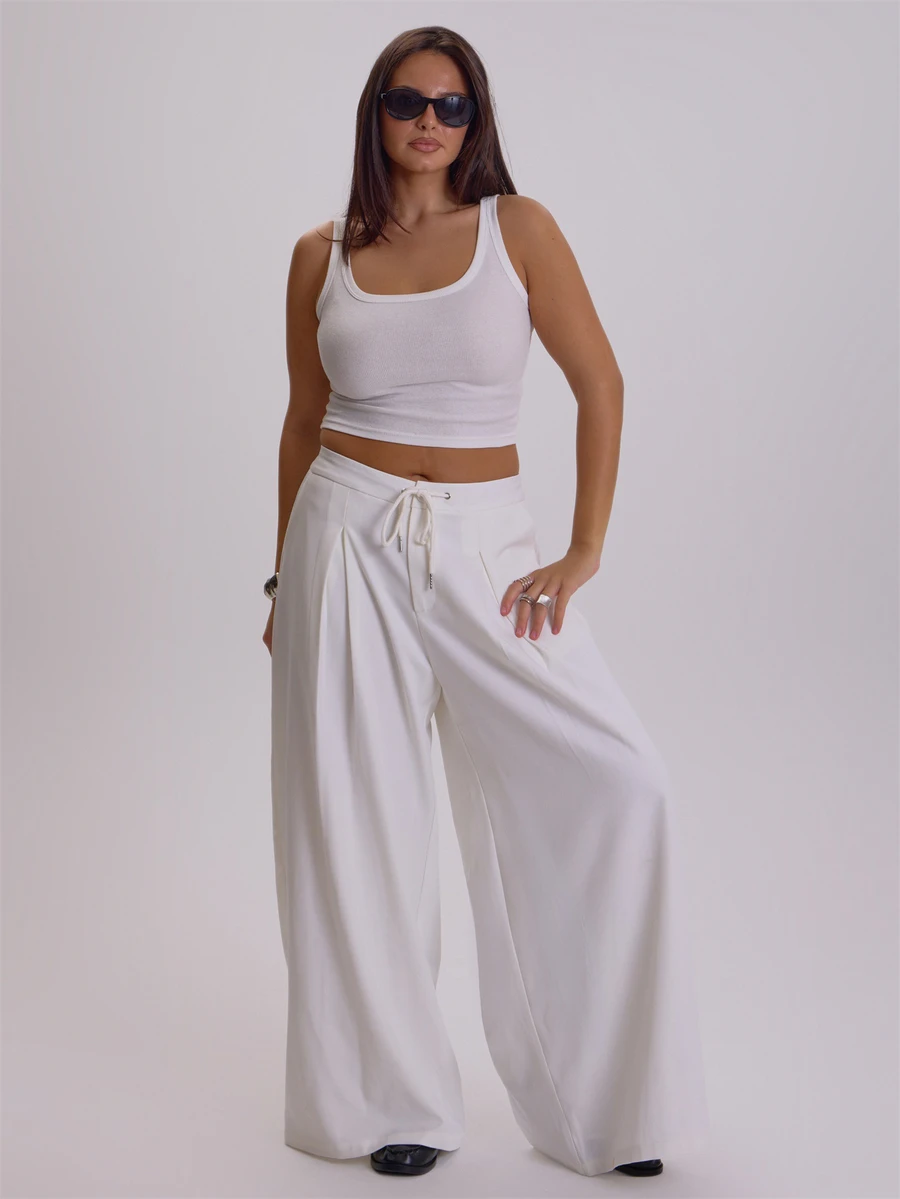 MUSERA Plus Size White Drawstring Pintuck Trouser Pants Winter Fall Womens Outfit Casual - Beige - View 1