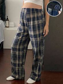 DAZY Plaid Loose Wide Leg Pants With Elastic Waist, Casual Daily Home Wear, Autumn/Winter Long Pants, Maternity Pants - Blue - View 1