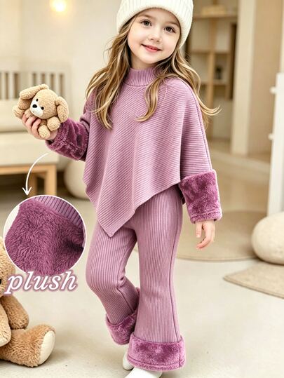 SHEIN Playful Pals Young Girl) Spring/Autumn/Winter Casual T-Shirt Set, Designed Asymmetrical Pullover High Neck Pink-Purple Knit Ribbed Brushed Fabric Sleeve Cuff Spliced Polar Fleece Long Sleeve T-Shirt Top Paired With Leg Opening Spliced Polar Fleece Design Casual Flared Pants, 2 Pieces Set Suitable For Spring/Autumn/Winter Back To School Season, Girls Elegant Elegant High-End Daily School Outing Travel Party Outfit