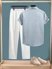 Manfinity CasualCool Men's Striped Short Sleeve Shirt And Long Pants Set - Blue - View 2