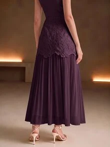 Anewsta 女款新款水溶性鏤空刺繡拼接抓皺傘裙，時尚優雅百搭 - 紫色 - 查看 6