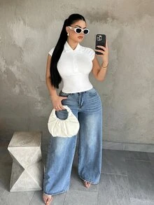 SHEIN SXY تي شيرت قصير بقصة ضيقة وياقة وأزرار أمامية - أبيض - مشاهدة 3