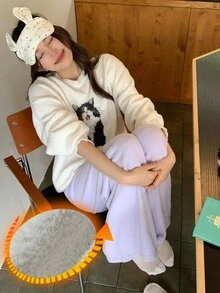 DAZY Cute Cat Pattern Autumn/Winter Knitted 2-Piece Women's Pajama Set - Apricot - View 1