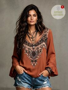 SHEIN LUNE Women's Floral Print V-Neck Loose Fit Blouse With Ruffle Cuffs - Burnt Orange - View 3