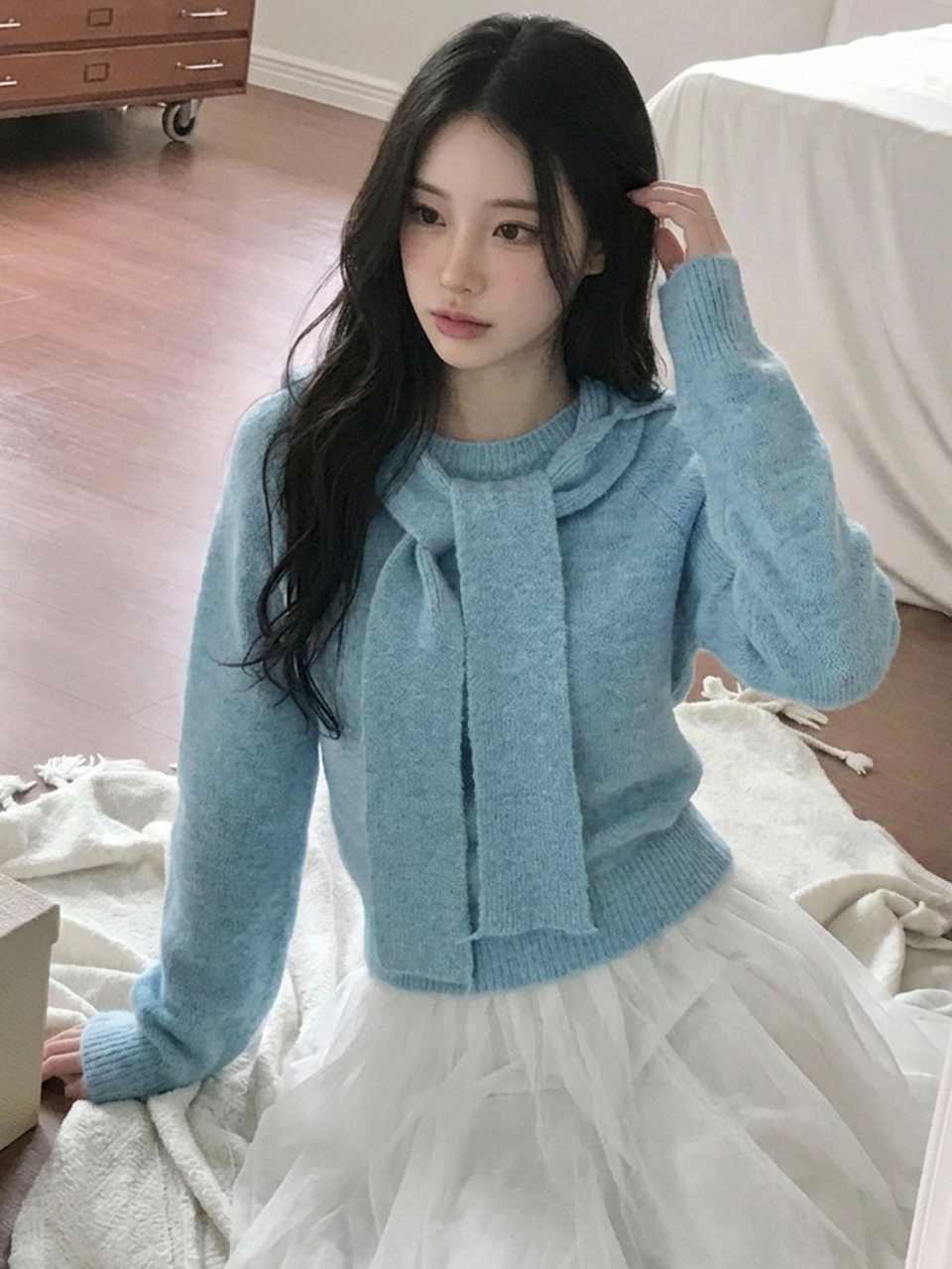 Solid Color Loose Long Sleeve Detachable Hood Scarf Casual Vacation Korean Style Girl Autumn Winter Pullover Knit Sweater Women