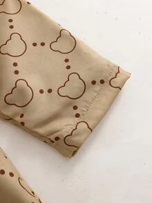 SHEIN 女童熊圖案雙排扣風衣，韓系新風彼得潘領中長版外套，秋冬時尚外衣 - 棕色 - 查看 7