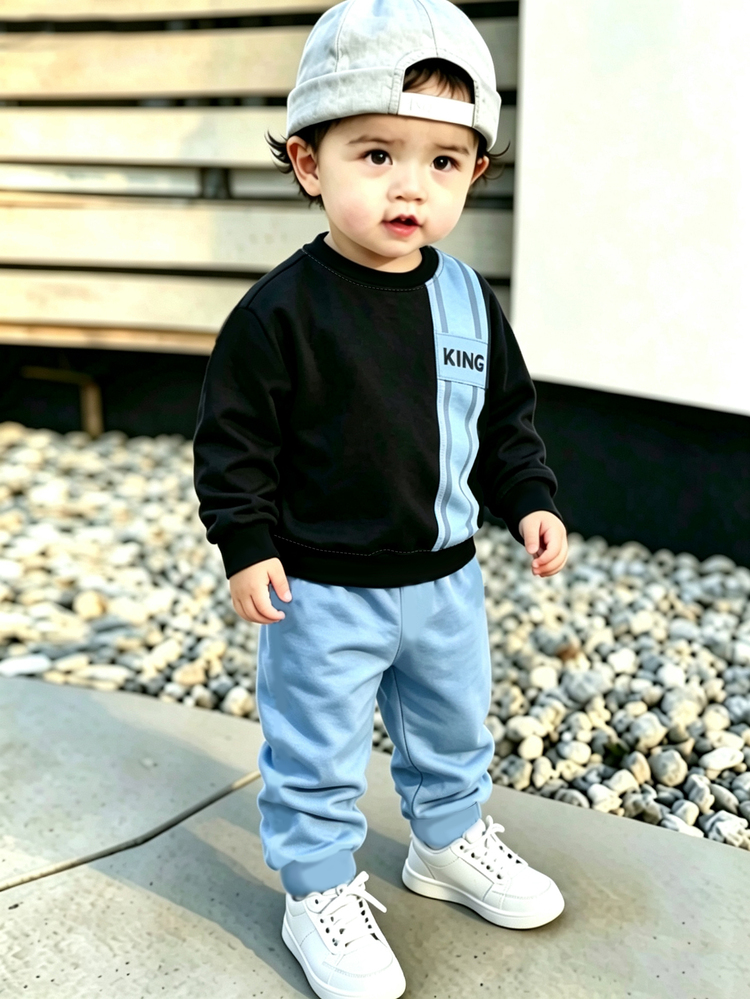 1 Set Baby Boy Sports Outfit, Contrast Color Casual Style, Black & Blue Vertical Stripe Patchwork Design With KING Letter Square Box Print Pattern, Round Neck Loose Fit Regular Shoulder Long Sleeve, Cuffed Sweatpants, Thin Sweatshirt & Sweatpants 2 Pieces Set, Suitable For Outdoor Strolling, Kindergarten, Daily Shopping, Holiday Outings And Multiple Occasions - Multicolor - View 1