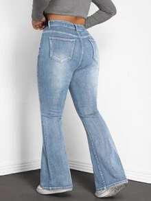 SHEIN PETITE CURVE بنطلون جينز واسع الساق بأزرار وجيوب متعدد الاستخدامات للمقاسات الكبيرة - الأزرق - مشاهدة 2