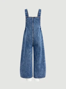 SHEIN Girls' Pink Heart Embroidered Pattern Dark Blue Denim Loose Overalls - Medium Wash - View 2