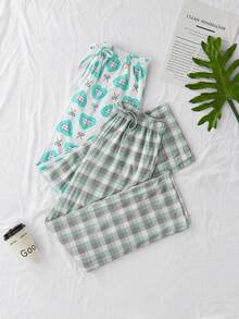 SHEIN Women Cotton 2 Pcs Fake Drawstring Solid Color Sleep Pants Home Wear Comfort Set - Multicolor - View 5
