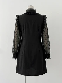 Sunspun Plus Size Women's Dark Style Polka Dot Mesh Patchwork Dress Fall - Black - View 2