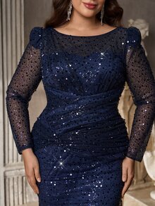 Aureia Plus Size Elegant Luxury Deep Blue Sequin Bead Sheer Long Sleeve Asymmetrical Neckline Ruched Fitted Mermaid Tail Train Patchwork Side Flounce Suitable For Wedding Events Evening Party Ball Heavy Work Evening Gown (Heavy Work Design) - Navy Blue - View 5