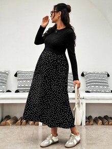 SHEIN Maternity Patchwork Polka Dot Pattern Round Neck Long Sleeve Nursing Dress - Black - View 4