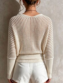SHEIN LUNE Women's Fashion Versatile Hollow Long Sleeve Sweater For Vacation - White - View 3