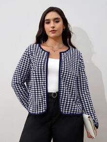 SHEIN Clasi 大尺碼復古優雅長袖粗花呢夾克，適合商務辦公 - 藍白色 - 查看 2