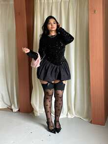 GalTyme 大尺碼女款春夏蝴蝶結裝飾網眼緊身褲 - 黑色 - 查看 2